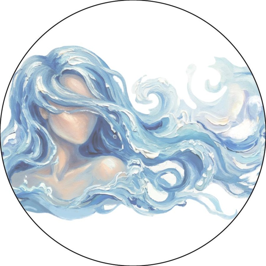Ilustración de Agua, una figura con cabello convertido en ondas azules