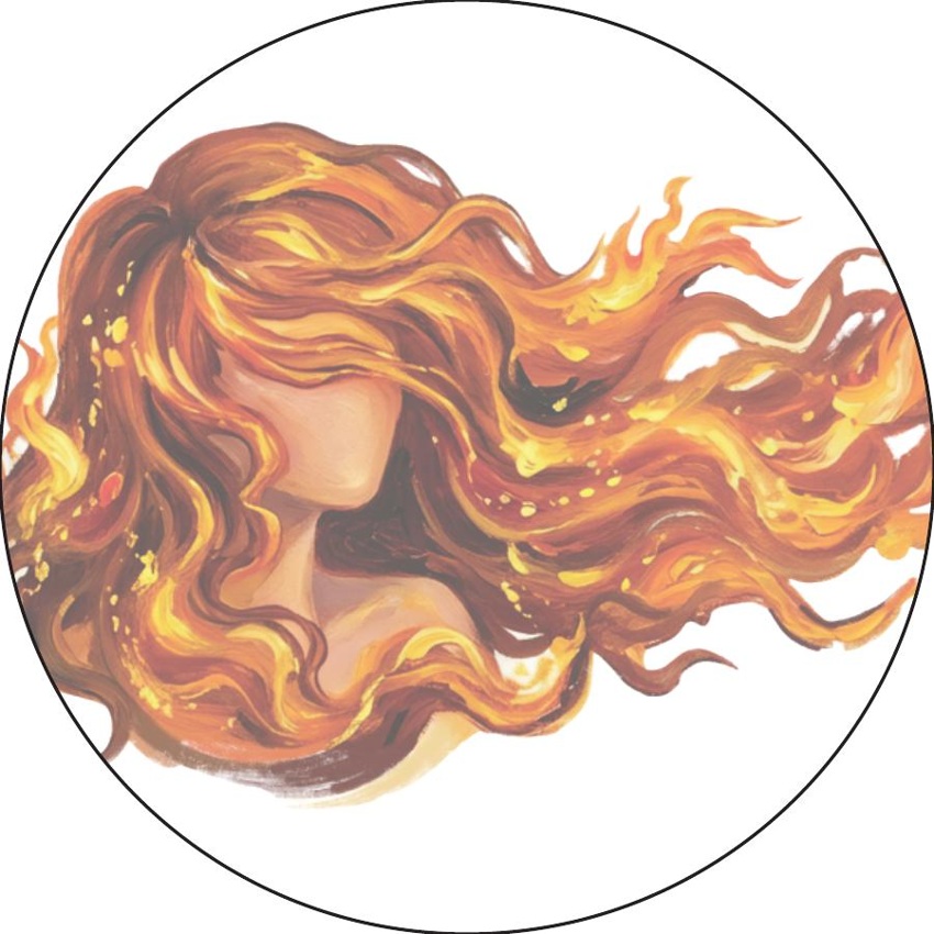 Ilustración de Fuego, una figura con cabello de llamas doradas
