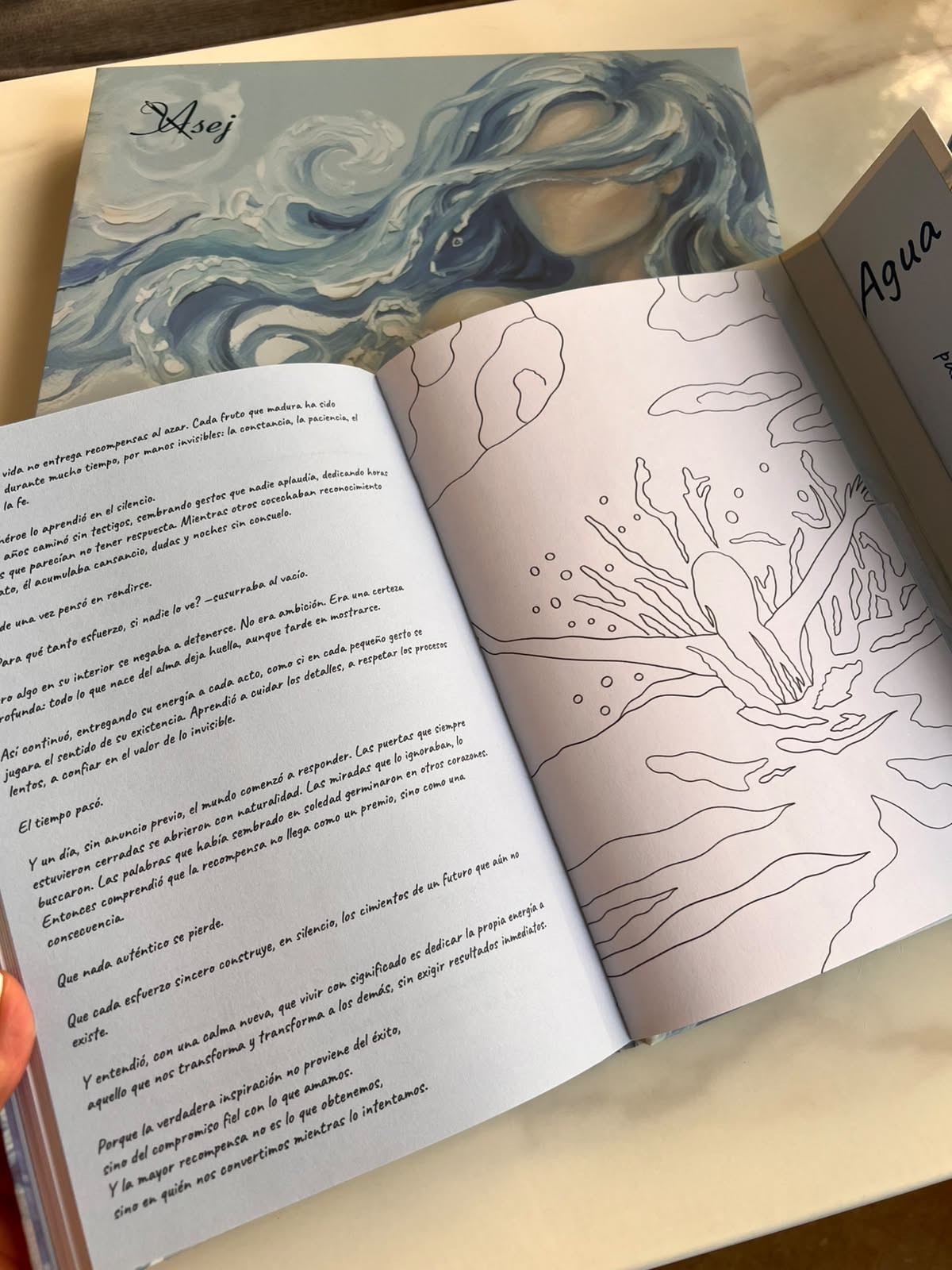 Páginas interiores de Agua: un texto de reflexión y una ilustración para colorear