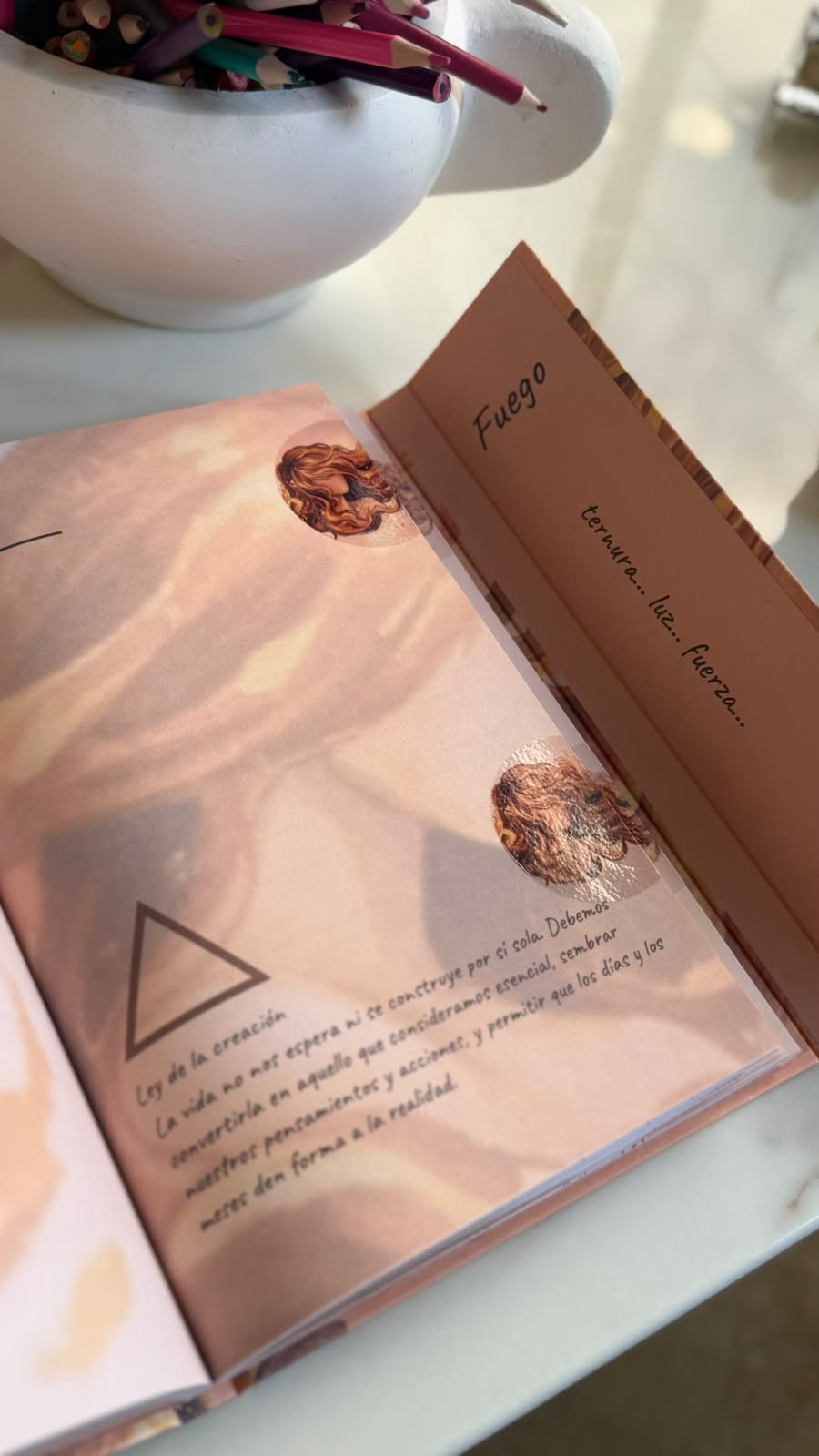 Detalle real de la agenda Fuego abierta, con las secciones y su diseño interior