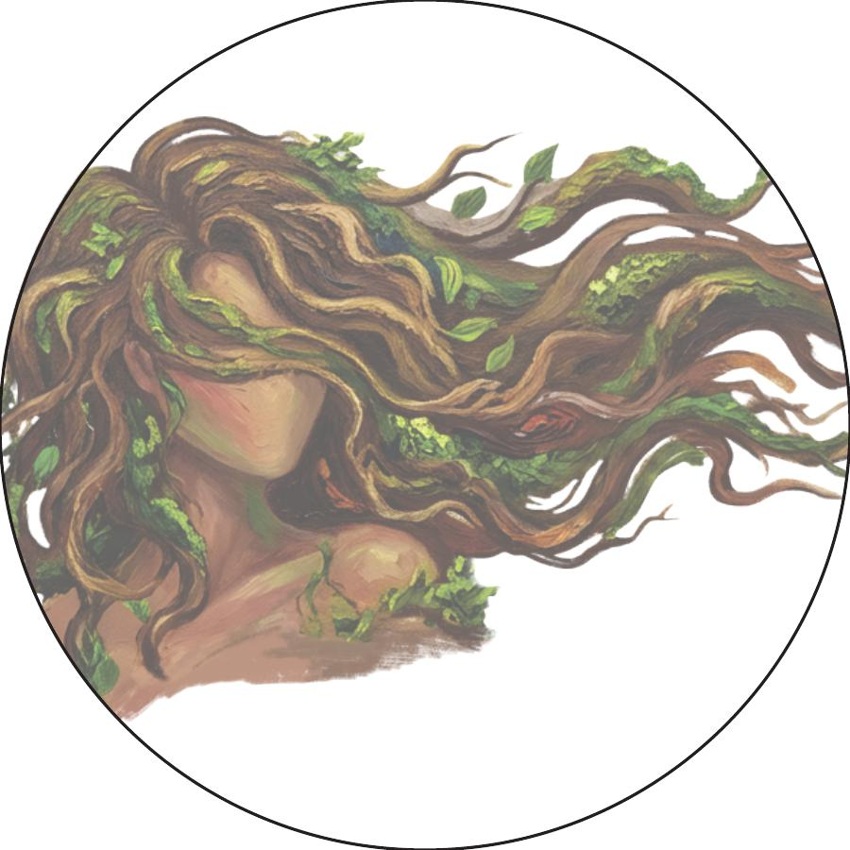 Ilustración de Tierra, una figura entre raíces y hojas verdes